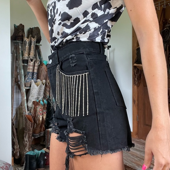 Black Rhinestone Fringe Shorts - Picture 2 of 4